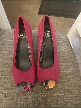Addition Elle Suede Peep-Toe Heels in Berry